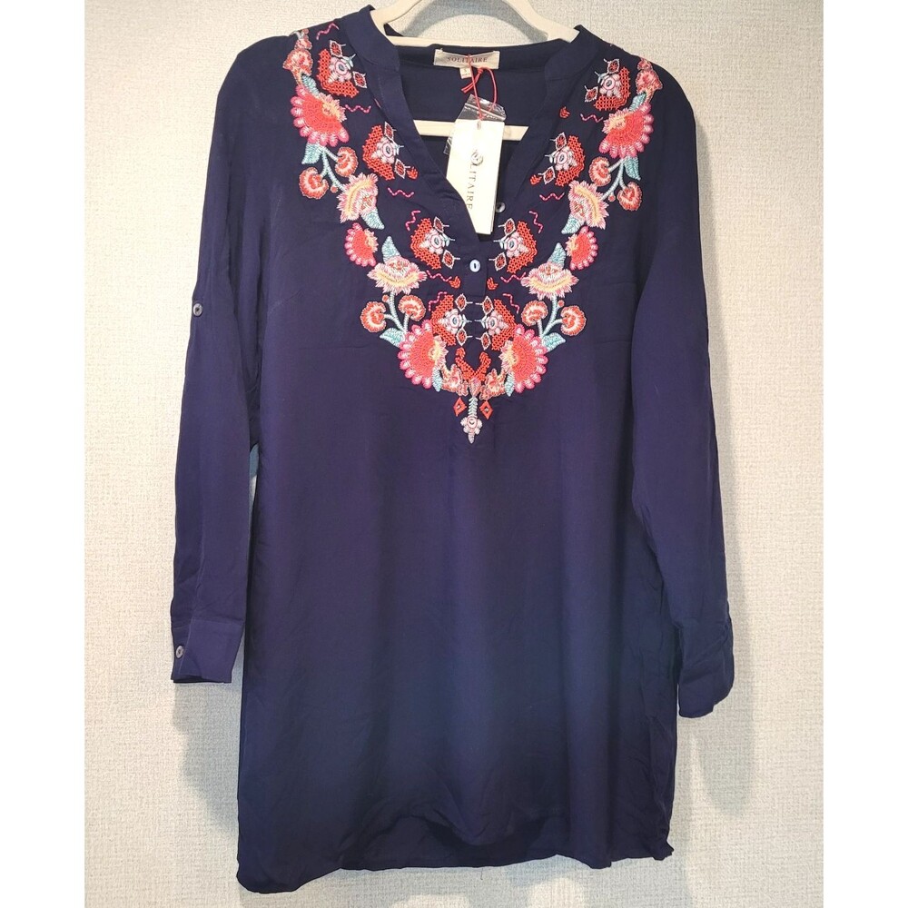 NWT Solitaire Womens S Navy Blue Embroidered Floral Boho Tunic Top Tab Sleeve